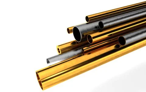 Pipes of different diameter and composition, chrome and bronze pipes.3D render Stock Illustration