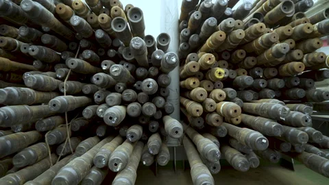 Pipes for drilling. Drilling platform. Drill pipes lie end-to-end. Stock Footage 266276824