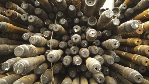 Pipes for drilling. Drilling platform. Pipe ends. Stock Footage 204152489