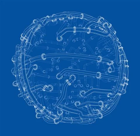 Pipes with flanges around a large sphere. Vector Stock Illustration