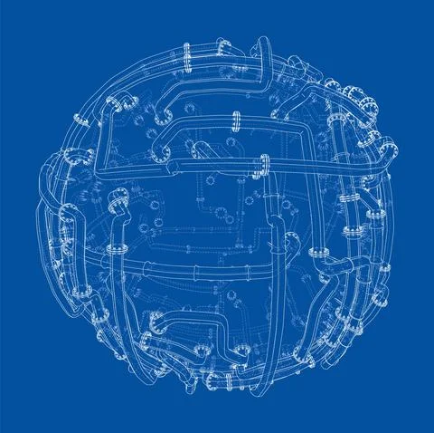 Pipes with flanges around a large sphere. Vector 스톡 일러스트