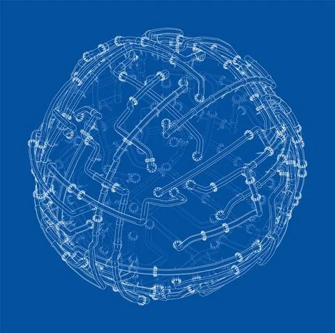 Pipes with flanges around a large sphere. Vector Illustrazione stock