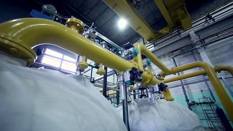 Pipes, pipeline in a industrial factory. Chemical, gas, oil pipes Stock Footage