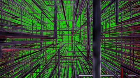 Pipes random grid network fly through with a green background Stock Footage 246787486