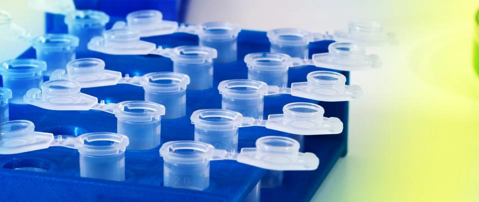 Pipette adding fluid to one of several test tubes .medical glassware Stock Photos