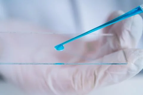 Pipette adding fluid to one of several test tubes .medical glassware. Stock Photos