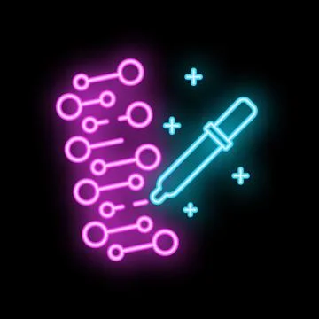 Pipette dropping liquid on dna structure neon sign Stock Illustration