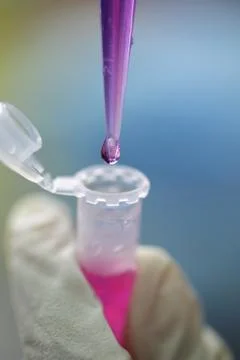 Pipette filling a vial with a colored solution Stock-Fotos