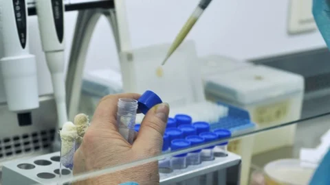 Pipette with liquid dropping into glass test tube in laboratory Stock-Footage 126907547
