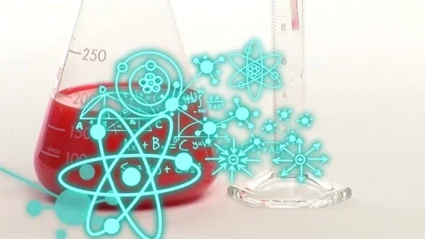 Pipette lowering and adding red liquid into Erlenmeyer flask cyan icons Stock Footage 335739461