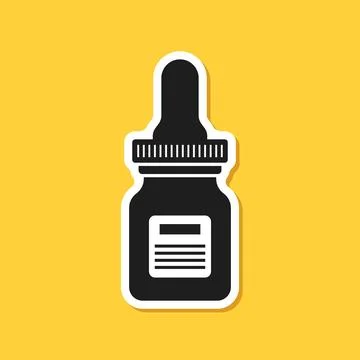 Pipette with oil drop paper sticker icon in flat style. Dropper bottle vect.. Ilustração Stock