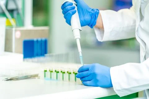 Pipetting a sample into a glass beaker during research in a scientific Foto stock