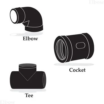 Piping Elbow, Tee, and Cocket Silhouette with Reflection and Text Label. Stock Illustration