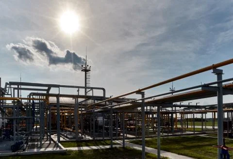 Piping system at a gas processing plant. Stock Photos