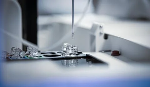 Pippet robot of laboratory takes sample from a small glass vessel probe Stock Photos