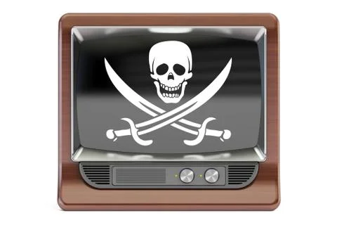 Piracy concept 3D rendering TV set with pirate flag Stock-Illustration