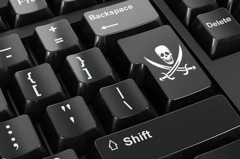 Piracy flag painted on computer keyboard. 3D rendering Illustrazione stock