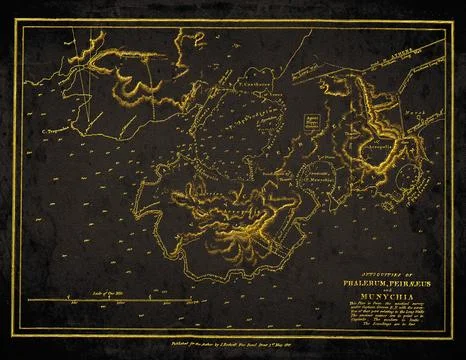 Piraeus Greece Antique Nautical Map with Phalerum and Munychia Black And Go.. Stock Illustration