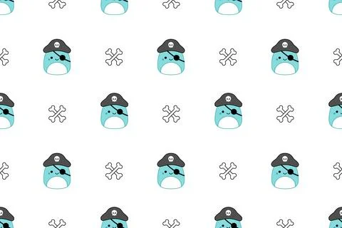 Pirate and bone on seamless pattern. Squishmallow. Cute pirate. Kawaii, Vector Illustrazione stock