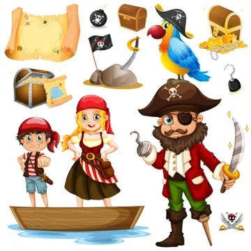 Pirate and crew on ship Stock Illustration
