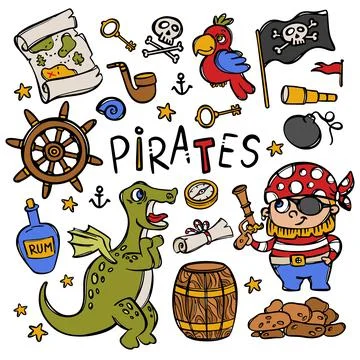 PIRATE AND DRAGON Nautical Objects Vector Illustration Set Illustrazione stock