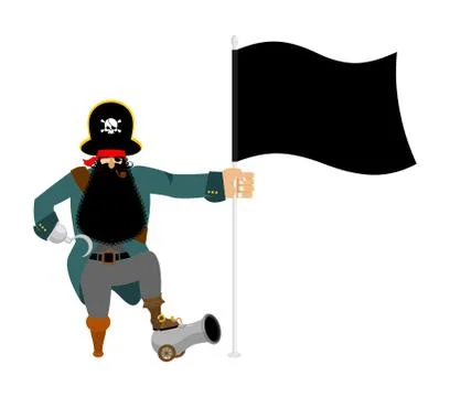 Pirate and flag. Eye patch and smoking pipe. filibuster cap. Bones and Skull Stock Illustration