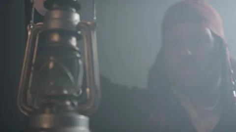 Pirate and lantern in the dark Stock Footage 142549378