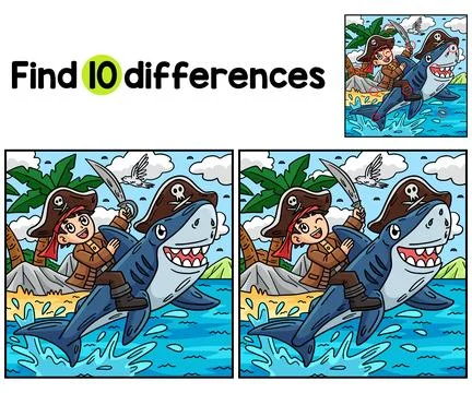 Pirate and Shark Find The Differences Stock Illustration