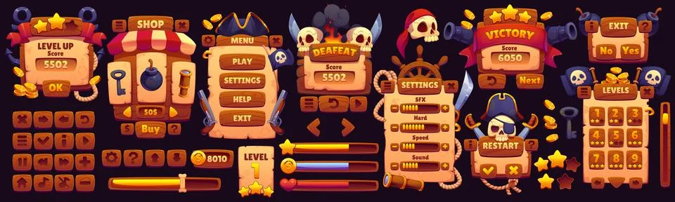 Pirate arcade game interface, gui elements asset Stock Illustration