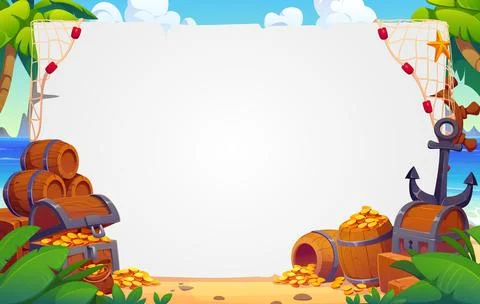 Pirate banner with empty paper scroll and treasure Stock Illustration