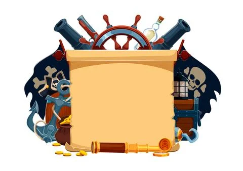 Pirate banner with old paper scroll map template Stock Illustration