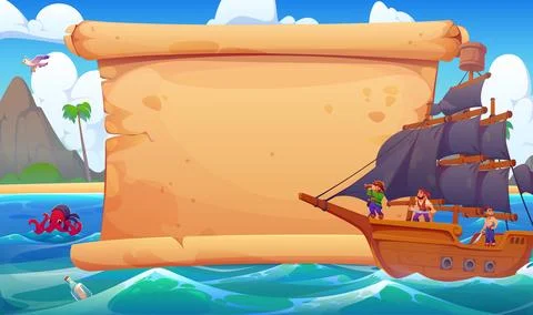 Pirate banner with old paper scroll and sail ship Ilustración de archivo