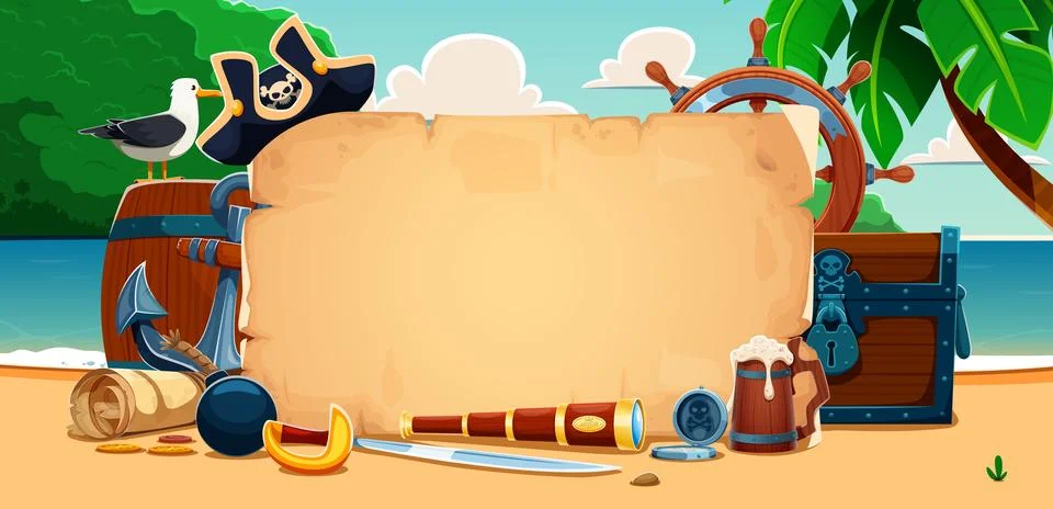 Pirate banner with old scroll, weapon, treasure Ilustración de archivo