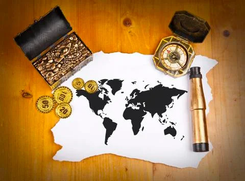 Pirate blank map with treasure, compass and binocular Stock Photos