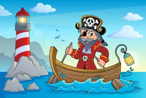 Pirate in boat topic image Stock Illustration