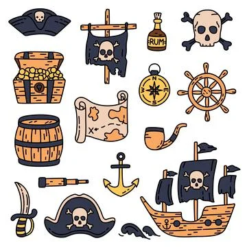 Pirate bundle sketch. Hat, flag, ship and skull with bones. Pirate emblem, bo Stockillustratie