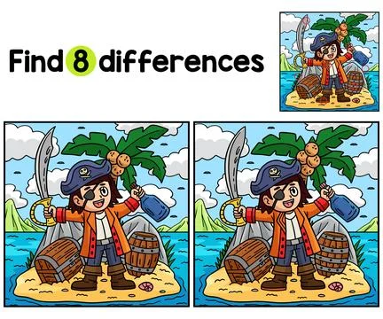 Pirate Captain on an Island Find The Differences Stock Illustration