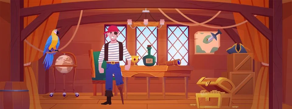 Pirate captain man with hook in ship cabin, vector cartoon retro wood room Stock Illustration