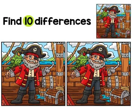 Pirate Captain with Parrot Find The Differences Stock Illustration