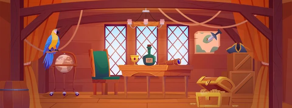 Pirate captain ship cabin, vector cartoon retro wooden room interior, treasure Stock Illustration