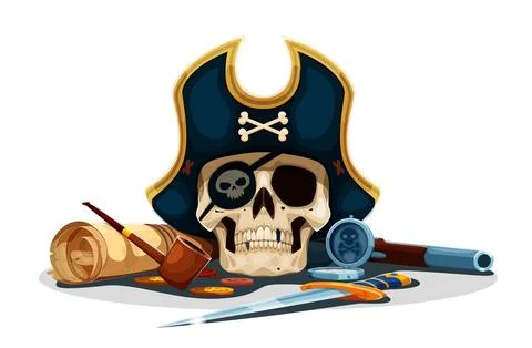 Pirate captain skull with eye patch, hat and map Stock Illustration