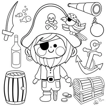 Pirate captain vector set. Black and white coloring page. Stock Illustration