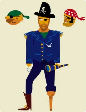 Pirate cartoon man with three interchangeable heads. Stock Illustration