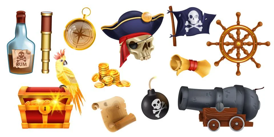 Pirate cartoon object set, vector game corsair icon kit, golden treasure Stock Illustration