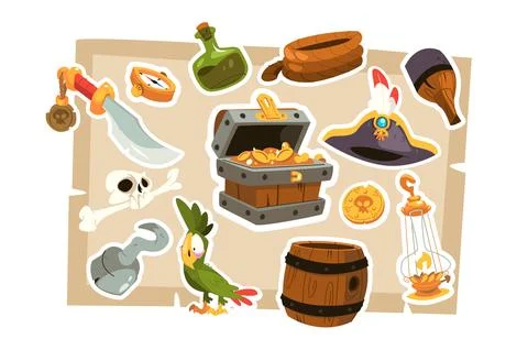 Pirate cartoon objects set Stock Illustration