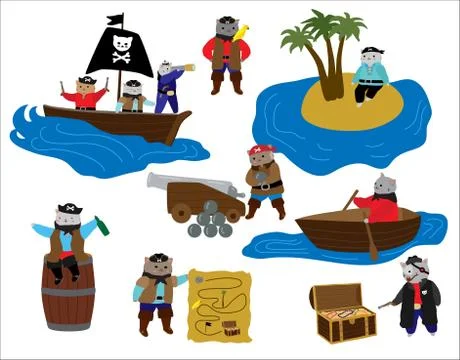 Pirate cat vector illustration, cute cartoon kitty animal character sailing on Stock Illustration