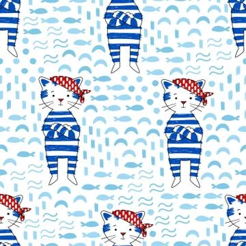 Pirate Cat vector seamless pattern Stock Illustration