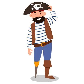 A pirate character in a suit, a hat, without a leg and with a beard. Stock Illustration