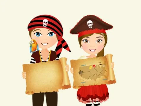 Pirate children with treasure map Stock Illustration