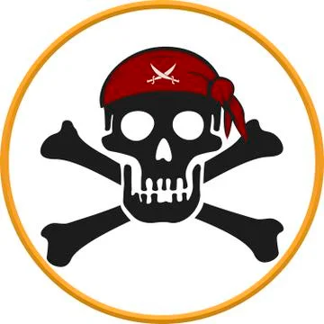 Pirate circular emblem with text, skull and bones. Stock Illustration